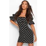 👉 Polka Dot Puff Sleeve Button Detail Mini Dress, Black