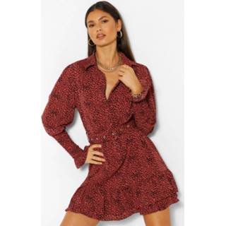 👉 Spot Print Frill Hem Belted Shirt Dress, Rust