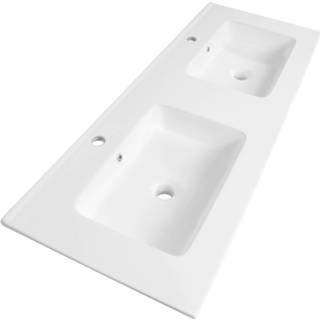 👉 Dubbele wastafel wit keramiek rechthoekig pisa glans Sanituba met twee kraangaten 120cm 6013926517518