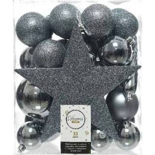 👉 Kerstbal grijsblauwe blauw kunststof plastic active 33x kerstballen 5-6-8 cm glanzende/matte/glitter kunststof/plastic kerstversiering