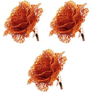 👉 Oranje 3x kanten glitter rozen bloemen op clip 10 cm
