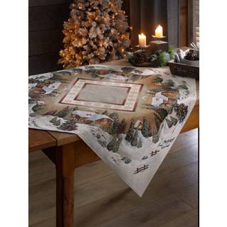 👉 Tafellinnen bruin groen motief unisex gobelin geweven Winterlandschap Hossner crème/bruin/groen