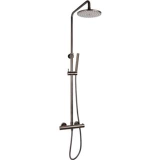 👉 Regendouche gunmetal messing thermostatisch opbouw knop keramisch rond vast Sanilux 20 cm Met Staafdouchekop Gun Metal Geborsteld 8719304902799