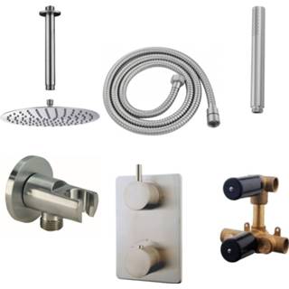 👉 RVS look messing thermostatisch bouw greep keramisch rond Inbouwdoucheset BWS Plafonduitloop 30 cm Geborsteld 8719304716280