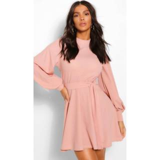 👉 High Neck Balloon Sleeve Belted Skater Dress, Rose