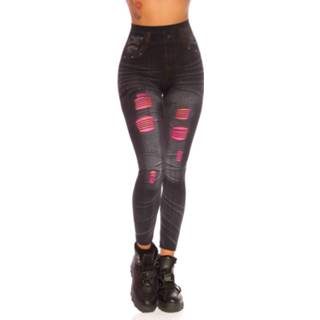 👉 Legging elasthan vrouwen zwart Sexy jeanslook leggings met kant cutouts zwartroze