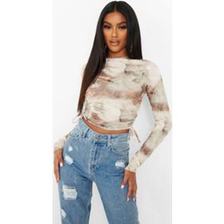 👉 Marble Print Ruched Side Long Sleeve Crop, Nude