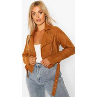 Plus Belted Suedette Crop Biker Jacket, Tan