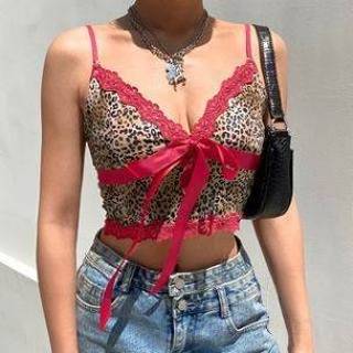👉 Blauw Lace Trim Floral Print Cropped Camisole Top