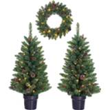 👉 Frontdoor decoration set: Two 90cm Trees with 40cm Wreath, BATTERY LED operated