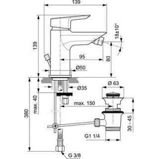 👉 Bidetkraan chroom Ideal Standard Tesi 1-gats m. vaste uitloop waste 5l/min 4015413338431