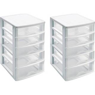 👉 Ladeblok wit transparant Set van 2x stuks ladeblokken/bureau organizers met 5 lades wit/transparant 21 x 17 28 cm