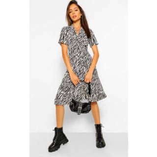 👉 Zebra Print Shirt Style Midi Dress, Black