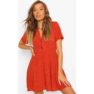 Polka Dot Shirt Style Skater Dress, Rust