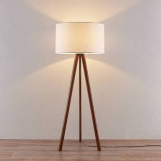 👉 Vloerlamp wit stof a++ Drieb Makira m. lampenkap, walnoot