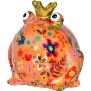 👉 Spaarpot oranje porseleinen porselein multikleur kikker met kroontje 16 cm - Pomme Pidou bloemen print 8720147718430
