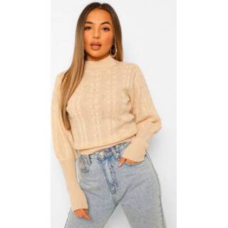 👉 Petite Cable Knit High Neck Puff Sleeve Sweater, Cream