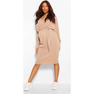 👉 Maternity Knitted Rib Wrap Sweater Dress, Camel