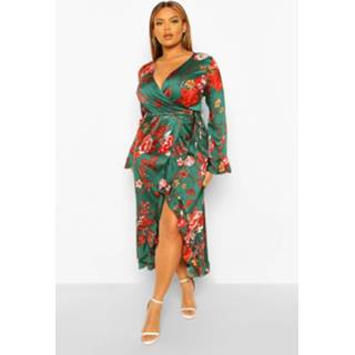 👉 Plus Oriental Floral Ruffle Wrap Dress, Green