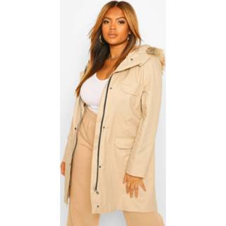 👉 Plus Pocket Detail Faux Fur Trim Hooded Parka, Stone