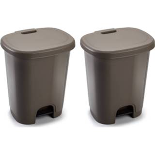 👉 Kunststof afvalemmer Set van 2x stuks afvalemmers/vuilnisemmers taupe 27 liter met pedaal