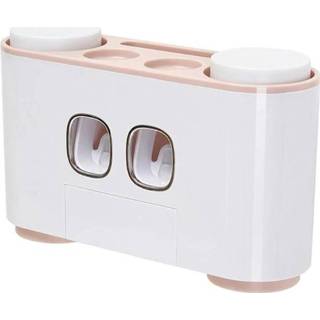 👉 Tandpasta roze Automatische Dispenser stofdicht Tandenborstelhouder met Cups Geen Nagel Muur Stand Plank Badkamer Organizer Hand Gratis - 8720033133866