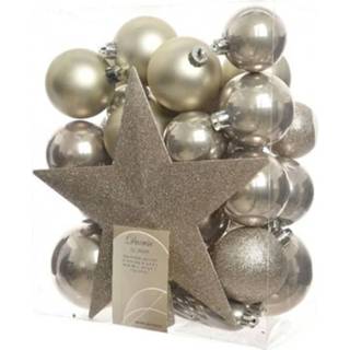 👉 Kerstbal linnen kunststof crème Kerstballen Mix Met Piek Box 33 Stuks Naturel 8719152752010