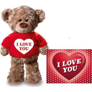 👉 Knuffel rood polyester bruin Teddybeer 24 Cm Met Shirt I Love You Hartje - Valentijnskaart A5 Valentijn/ Romantisch Cadeau 8719538864559