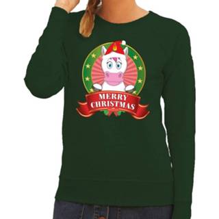 👉 Sweater groen katoen m vrouwen Foute Kersttrui / Eenhoorn - Merry Christmas Voor Dames (38) 8719538729469