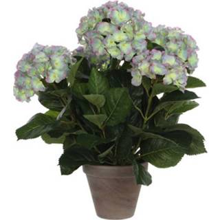 👉 Kunstplant groene paarse kunststof groen Groene/paarse Hortensia Met Bloemen 45 Cm In Pot - Kunstplanten/nepplanten 8712293472748