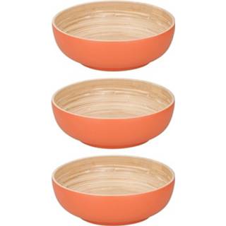 👉 Serveerschaal oranje bamboe hout 3x Serveerschalen 25 Cm - Saladeschaal Slakom Slaschaal Slabak Servies 8720147279320