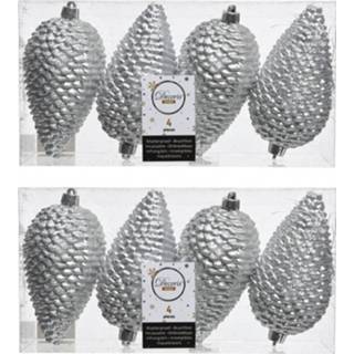 👉 Kerstbal kunststof zilver 8x dennenappel kerstballen glitter 12 cm kerstboom versiering/decoratie
