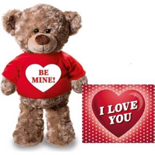 👉 Knuffel rood polyester bruin Teddybeer 24 Cm Met Shirt Be Mine Hartje - Valentijnskaart A5 Valentijn/ Romantisch Cadeau 8719538864580
