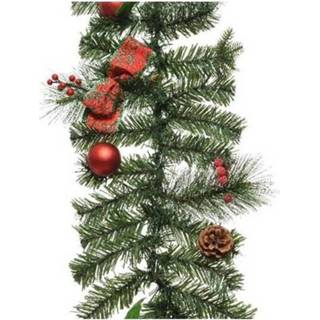 👉 Kerstversiering groene rode kunststof groen 1x Kunst Kerstguirlande Met Versiering 180 Cm - Dennenslingers Kerstversieringen/kerstdecoraties 8719538939233