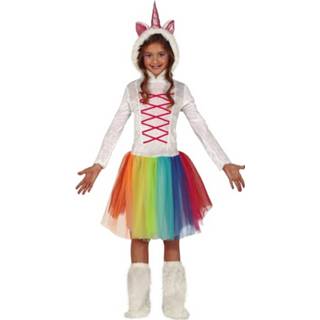 👉 Jurk wit polyester multikleur meisjes Eenhoorn Dieren Jurkje Met Regenboog Voor - Carnavaloutfits/verkleedkleding 3-4 Jaar (92-104) 8434077836675