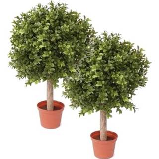 👉 Kunstplant kunststof groen 2x Buxus Bol Op Stam In Pot 35 Cm - Kunstplanten/nepplanten 8719538855076