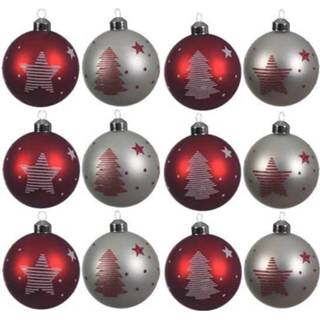 👉 Kerstbal rood glas zilver multikleur Kerstballen Streep Box 12 Stuks Silver Red 8719323085428