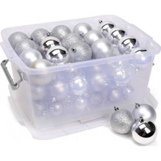 👉 Kerstversiering zilveren kunststof zilverkleurig Opbergboxen Met 70 Kerstballen - Kerstboomversiering/kerstversiering 8719538771307