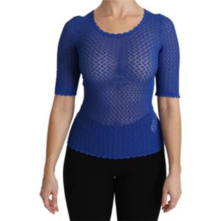 👉 Blous viscose vrouwen blauw See Through Round Neck Top Blouse 8051124494727