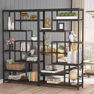 👉 Etagere Tribesigns 8-Shelves Staggered Bookshelf, Rustic Industrial Bookcase for Office