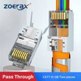 👉 F-connector goud ZoeRax RJ45 Cat7 & Cat6A Pass Through connectors 8P8C 50UM Gold Plated Shielded FTP/STP | EZ Network Modular Plug