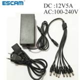 👉 Power supply Escam DC 12V 5A Adapter + 8 Split Cable for CCTV Security Camera DVR Analog AHD TVI CVI Systems
