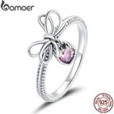 👉 Zilver vrouwen Bamoer 925 Sterling Silver Gift with Bow Finger Rings for Women Vintage Retro Stackable Band Fine Jewelry SCR682
