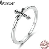 👉 Zilver vrouwen Bamoer 925 Sterling Silver Vine Cross Finger Rings for Women Vintage Retro Stackable Band Fine Jewelry SCR674