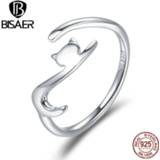 👉 Zilver vrouwen Genuine 100% 925 Sterling Silver Cat Ring Cute Animal Open Size Finger Rings for Women Engagement Jewelry ECR220