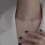 👉 Zirconia zilver meisjes New 925 Sterling Silver Shiny Rectangle Double Zircon Circle CZ Necklaces Pendants Gift For Girl Choker NK064