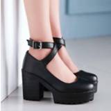 👉 Shoe PU leather vrouwen Women Round Toe Platform High Chunky Heel Cross Ankle Strap Shoes SZ