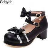 👉 Shoe vrouwen Gdgydh New Design Women Shoes Fashion Lace Bow-knot Round Toe Female Single Thick High Heels Shallow-Out Open Ladies