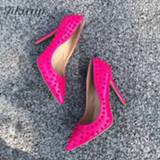 👉 Stiletto roze rose vrouwen Tikicup Pink Sexy Women Spikes Pointed Toe Pumps Ladies Slip On High Heels with Studs Designed Party Dress Shoes