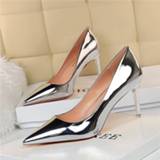 👉 Shoe leather goud zilver large vrouwen Fashion Women Patent Shallow Thin High Heels Shoes Pointed Toe Gold Silver Pumps Female Tacones Mujer Size